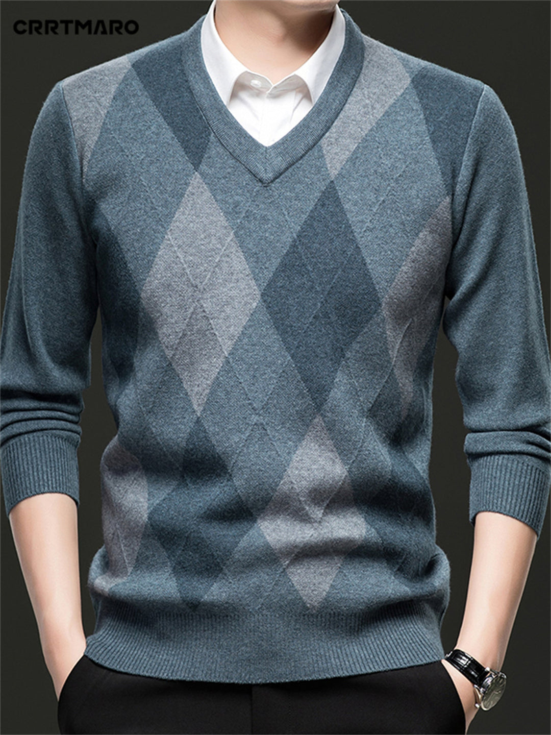 Men's argyle knit jumper showing its long sleeves