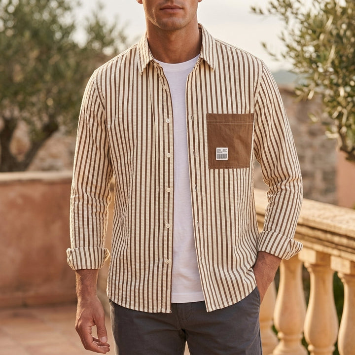 Men’s relaxed-fit linen button-down shirt shown from the front