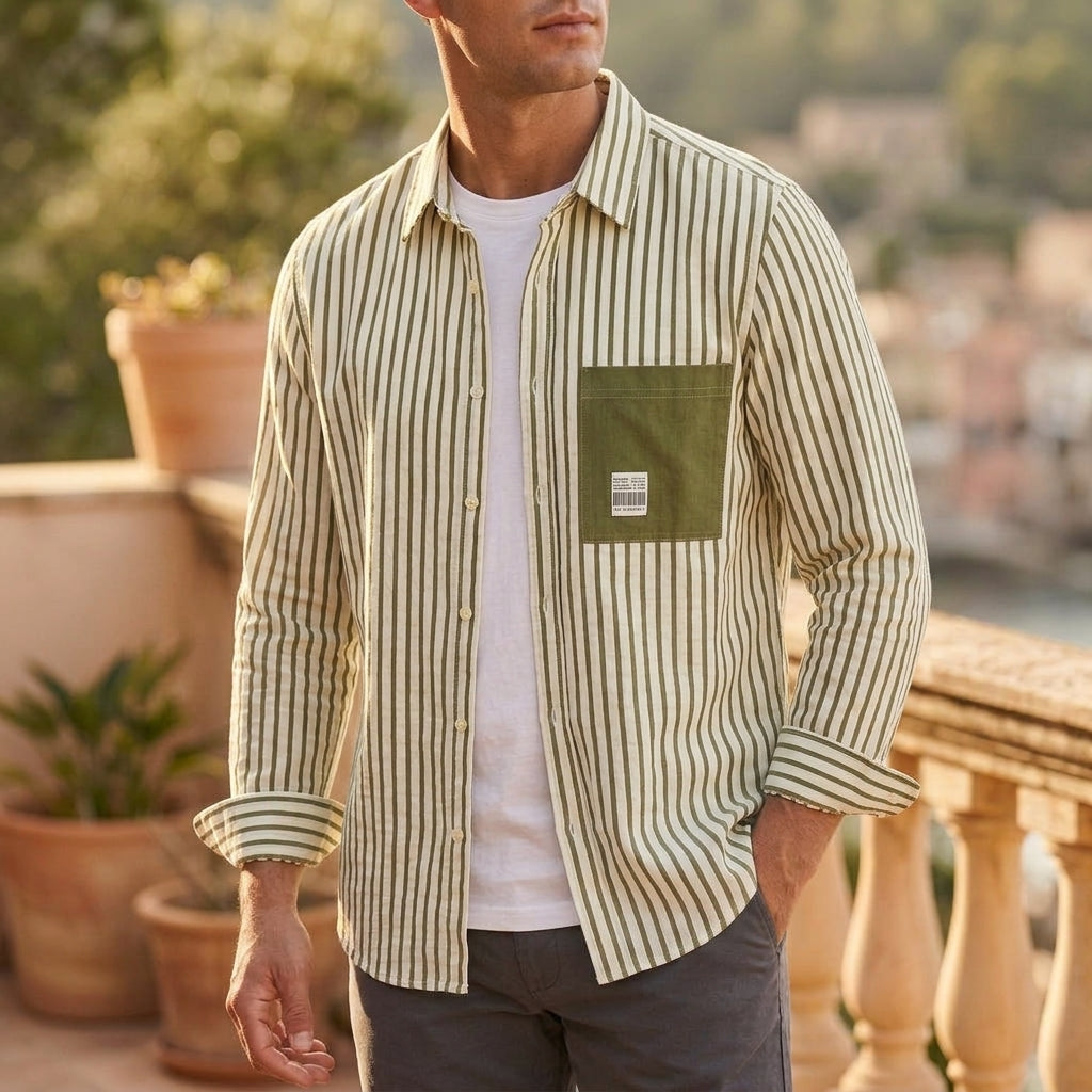 Men’s linen button-down shirt showing its relaxed fit and long sleeves
