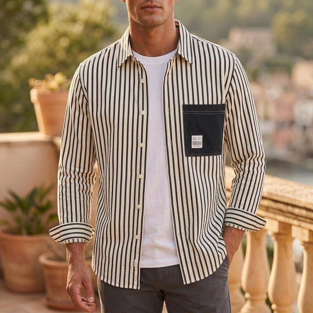 Close-up of the linen fabric and button-down collar on a men’s shirt