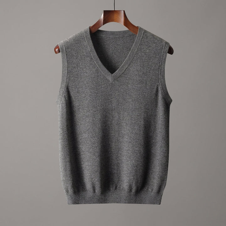 Close-up of the V-neck and knitted texture on the sweater vest