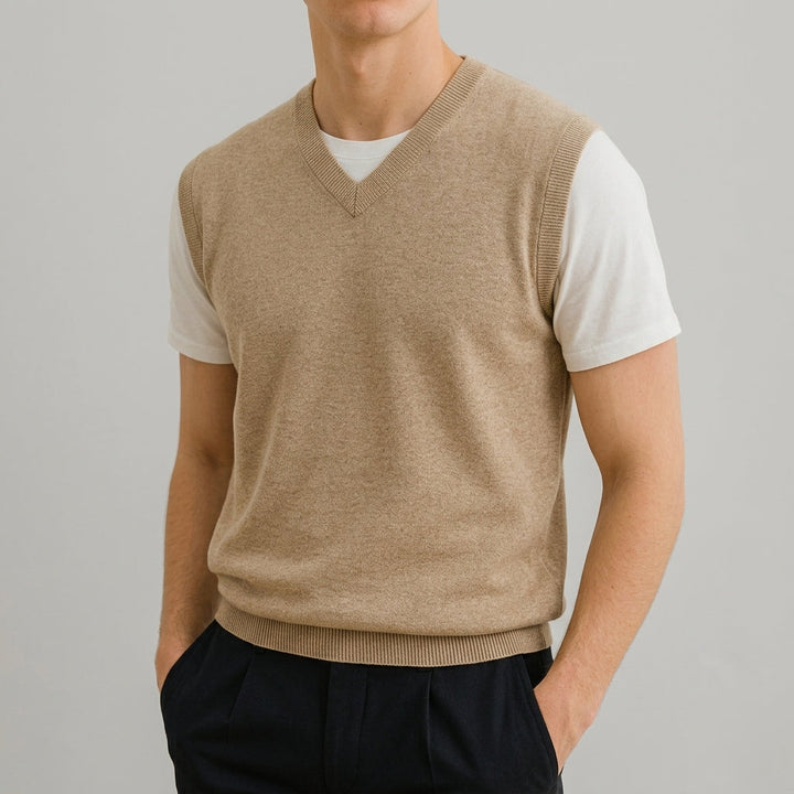 Men's V-neck knitted sweater vest shown from the front