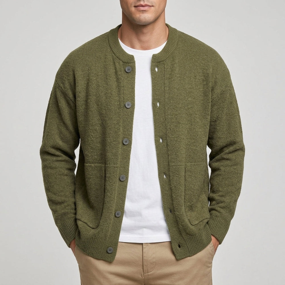 Close-up of the cardigan's knitted texture and button-front fastening