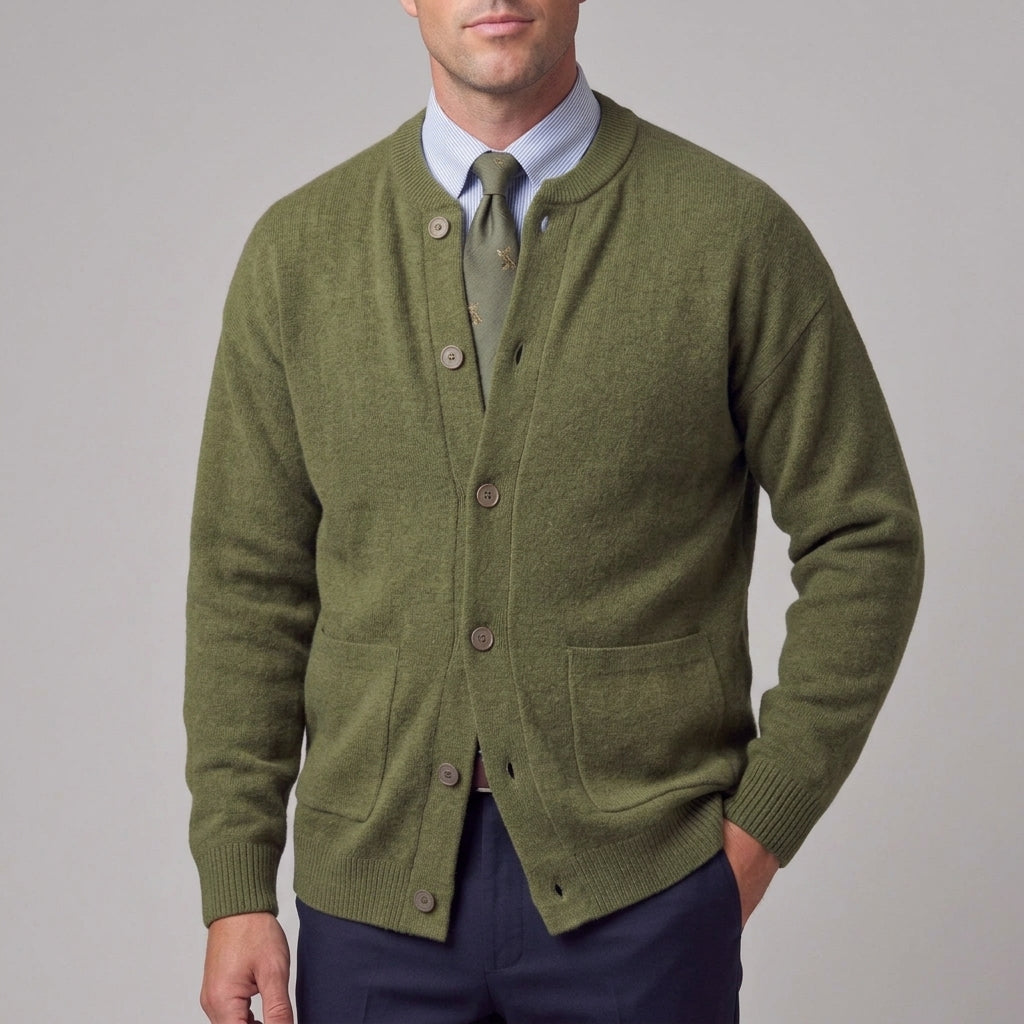 Side view of the men's knit cardigan with long sleeves