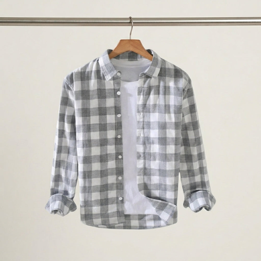 Close-up of the check pattern on a men's button-down shirt