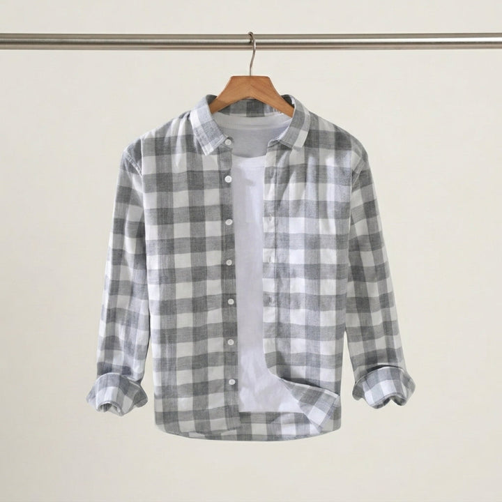 Close-up of the check pattern on a men's button-down shirt