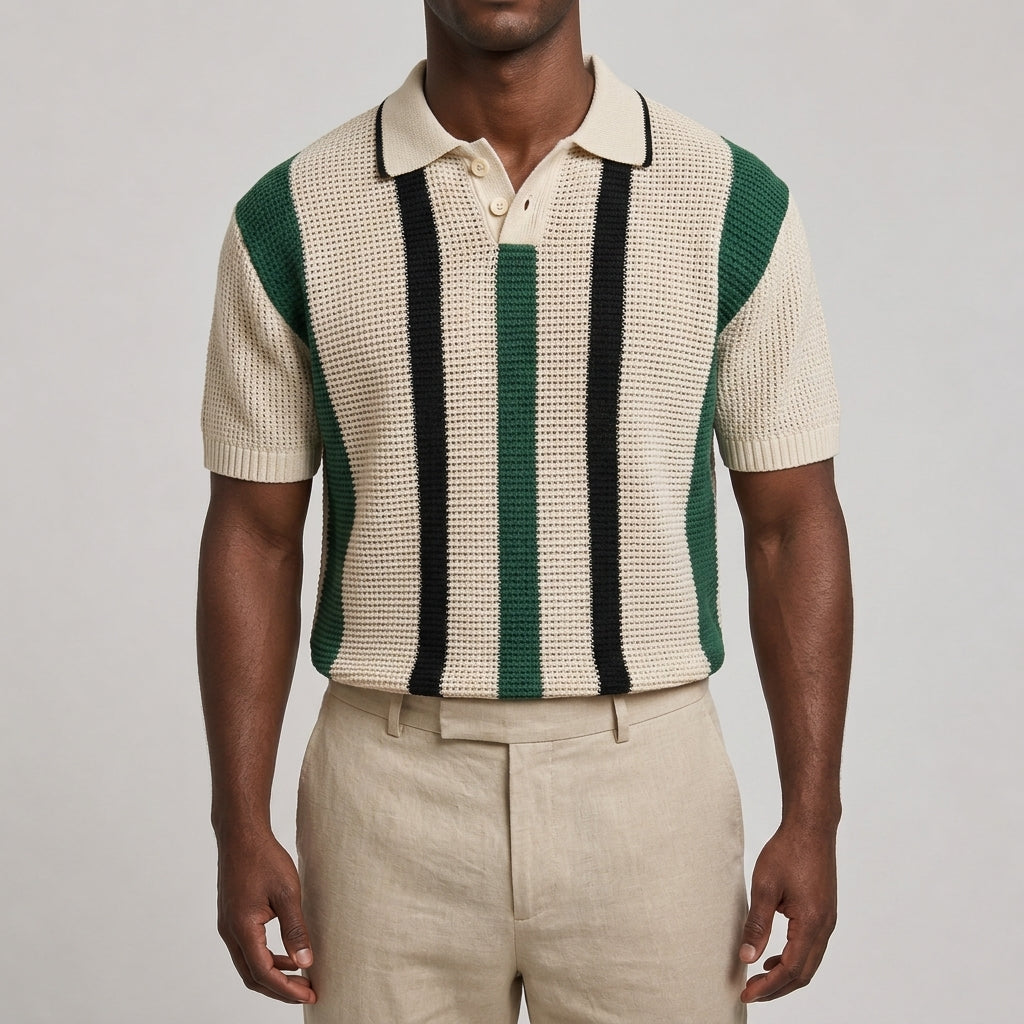 Men's striped V-neck polo shirt shown in a full product view