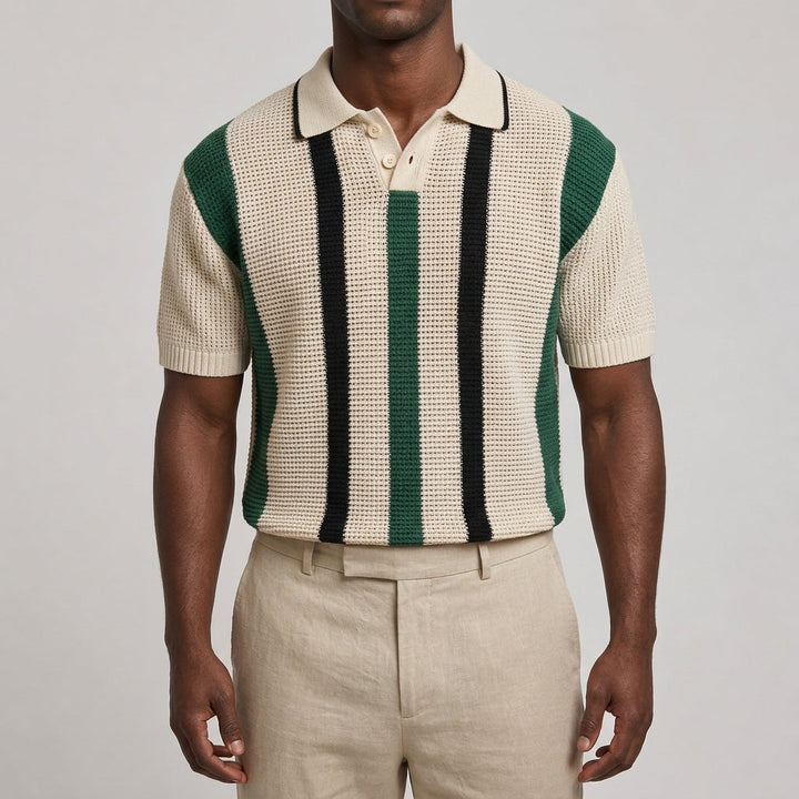 Men's striped V-neck polo shirt shown in a full product view