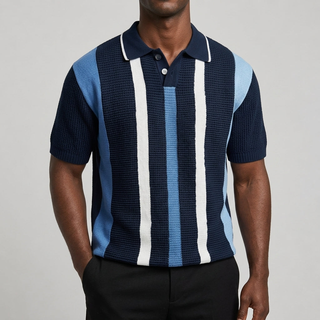 Men's striped V-neck polo shirt shown from the front