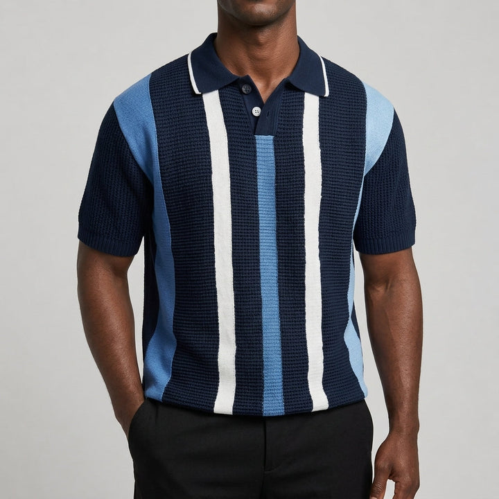 Men's striped V-neck polo shirt shown from the front