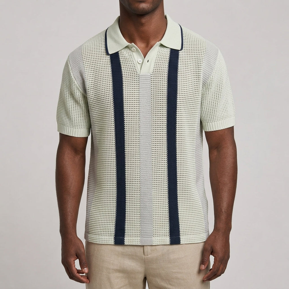Close-up of the striped pattern and V-neck collar on a men's polo shirt