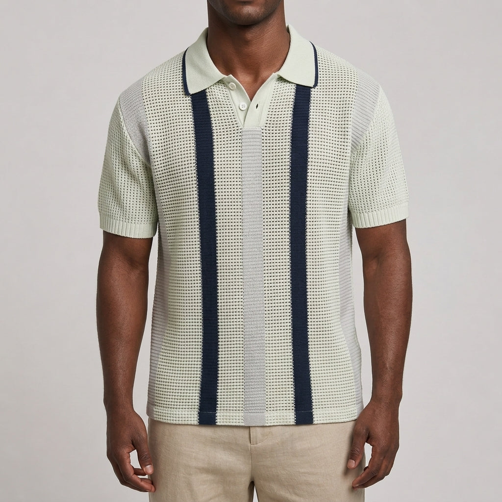 Close-up of the striped pattern and V-neck collar on a men's polo shirt