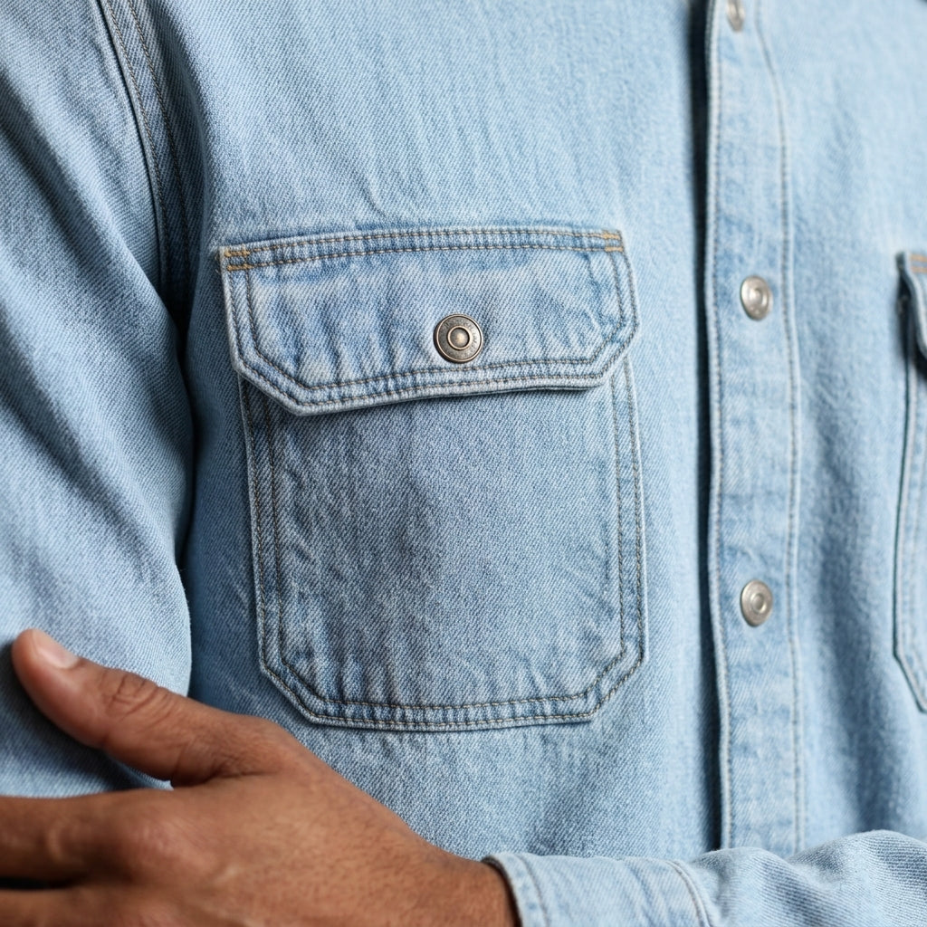 Men's bleached denim shirt showing the collar, buttons and long sleeves