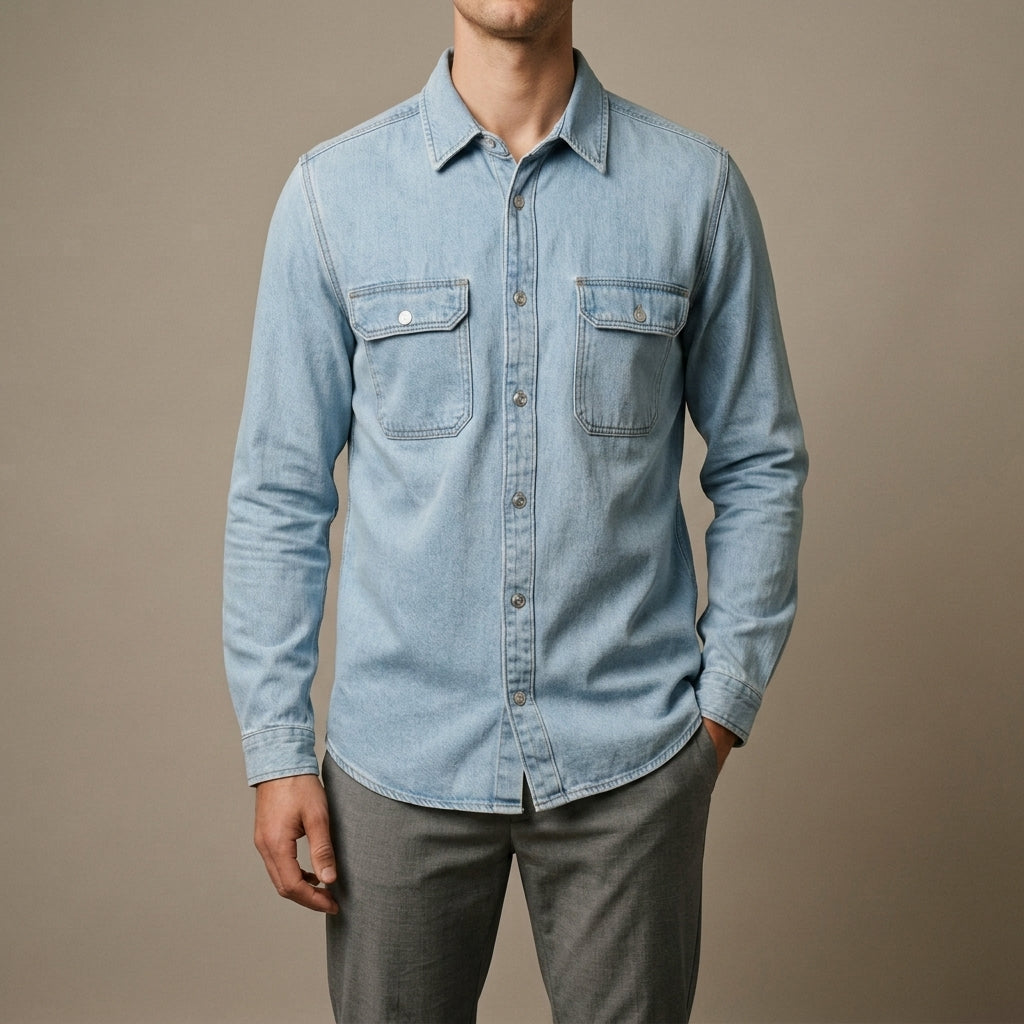 Men's tailored-fit denim shirt with a bleached finish, front view