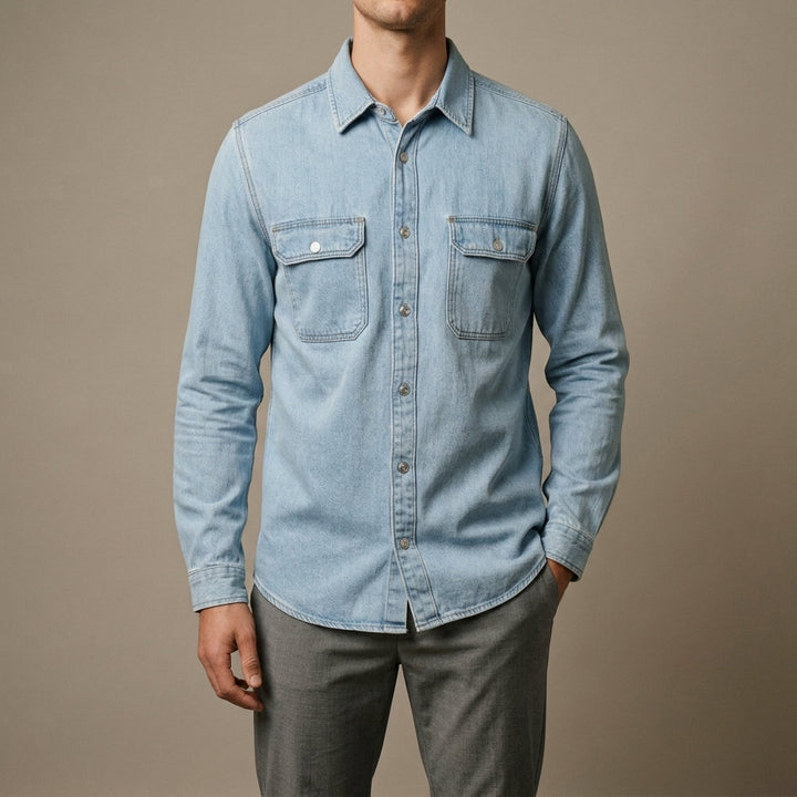 Men's tailored-fit denim shirt with a bleached finish, front view