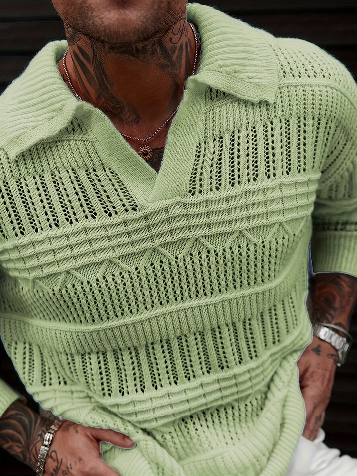 Full view of the men's lattice open knit polo shirt