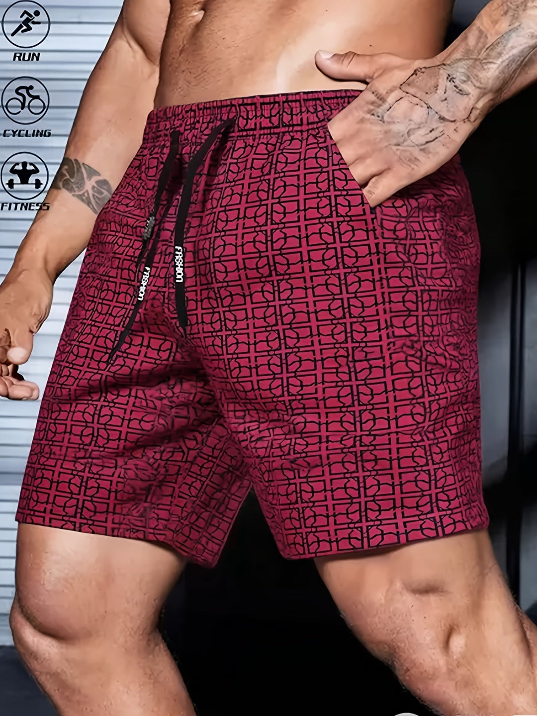 Men's geometric print cargo shorts in a relaxed fit, front view