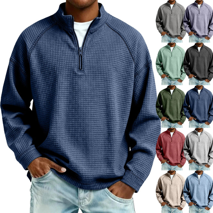Men Waffle Knit Quarter Zip Pullover Loose Fit Casual Top