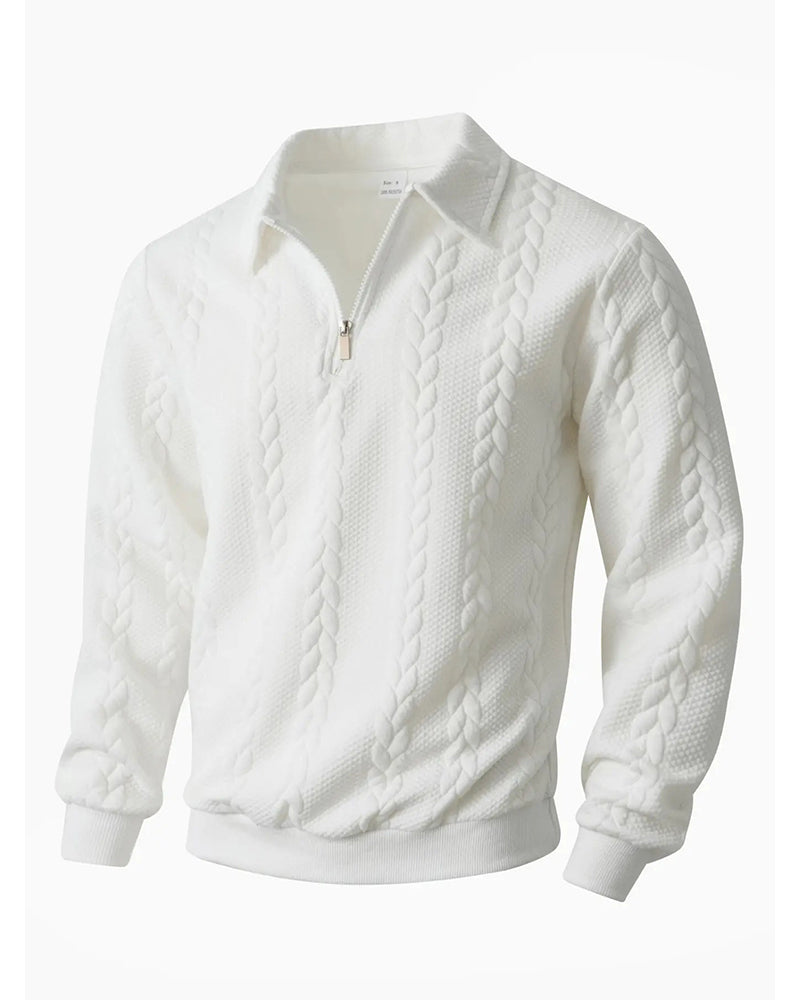 Front view of a men's half-zip hoodie in soft cotton-blend fabric
