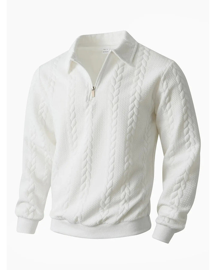 Front view of a men's half-zip hoodie in soft cotton-blend fabric