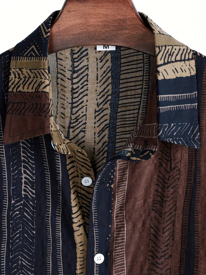 Men's patchwork short sleeve shirt styled on model