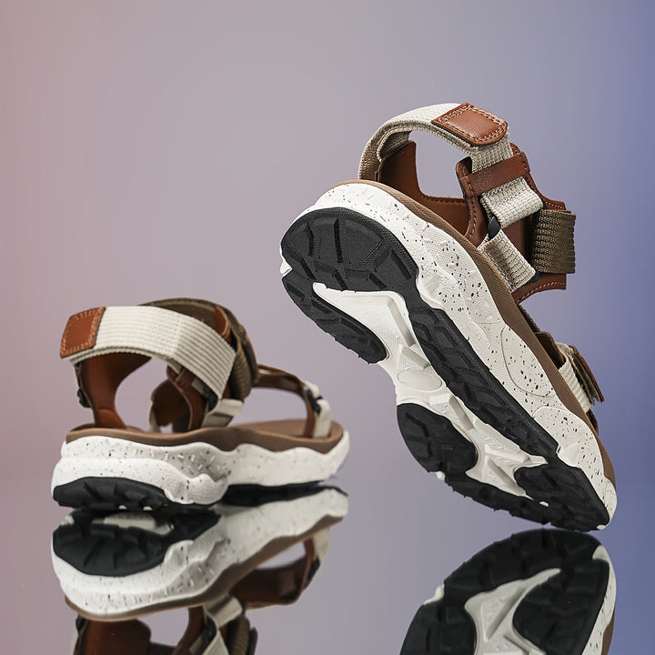 Men's sport sandals with adjustable canvas straps, angled view