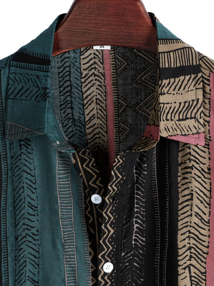 Men's patchwork short sleeve shirt shown from angled side view