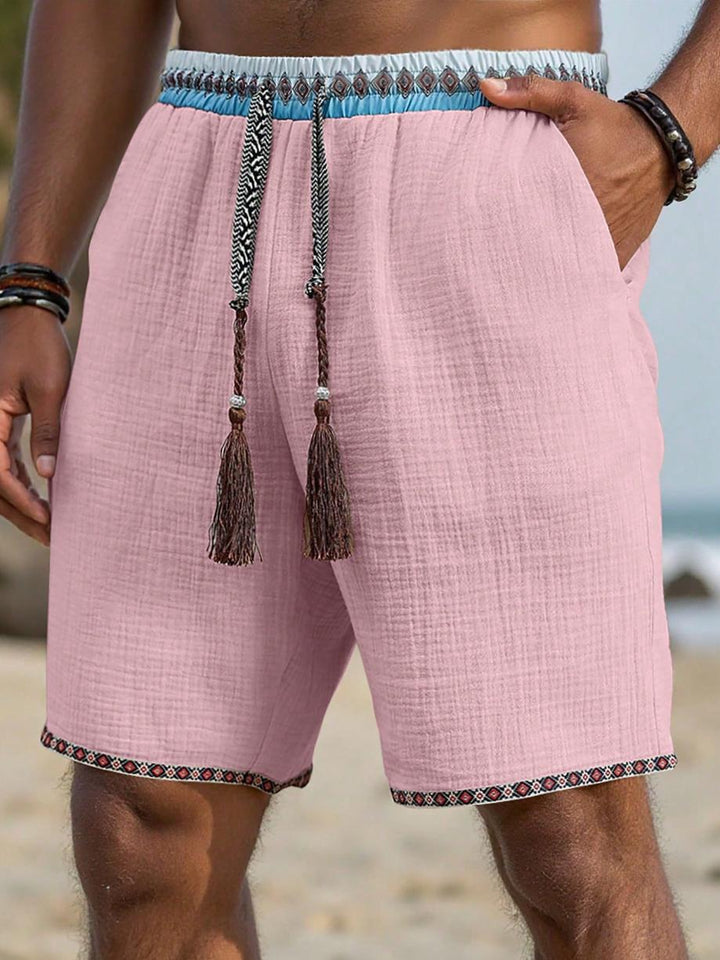 Men's linen blend relaxed shorts showing pocket detail