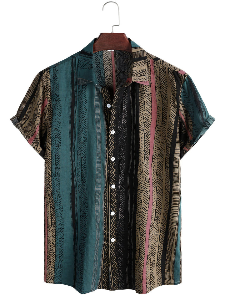 Men's Patchwork Short Sleeve Shirt With Camp Collar