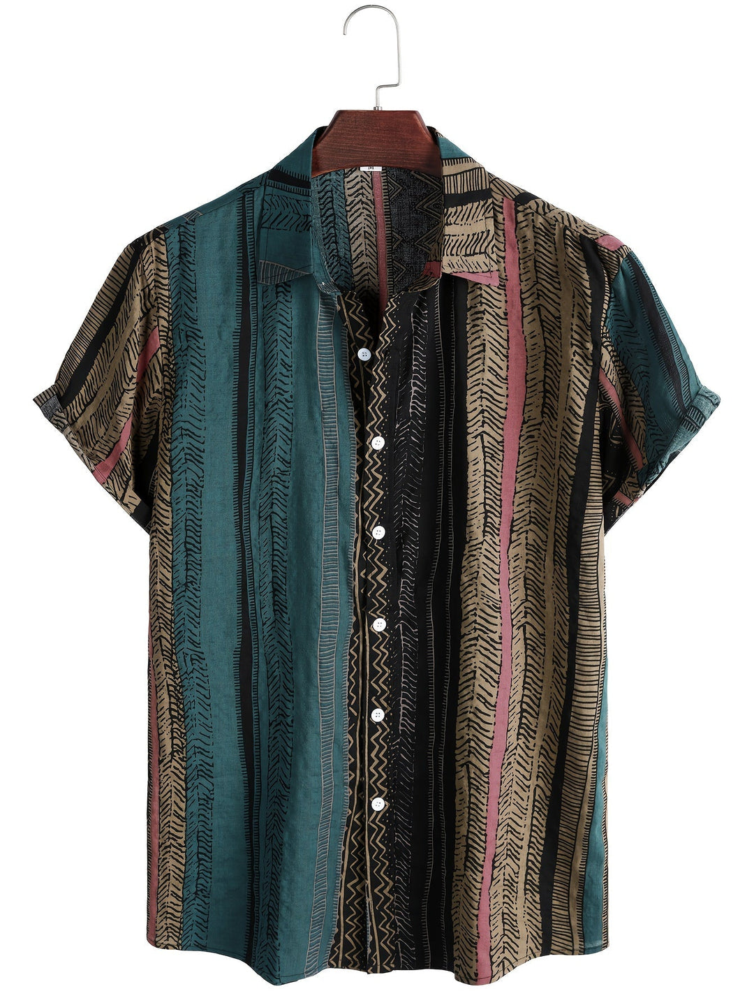 Close-up of patchwork panels and camp collar on men's shirt