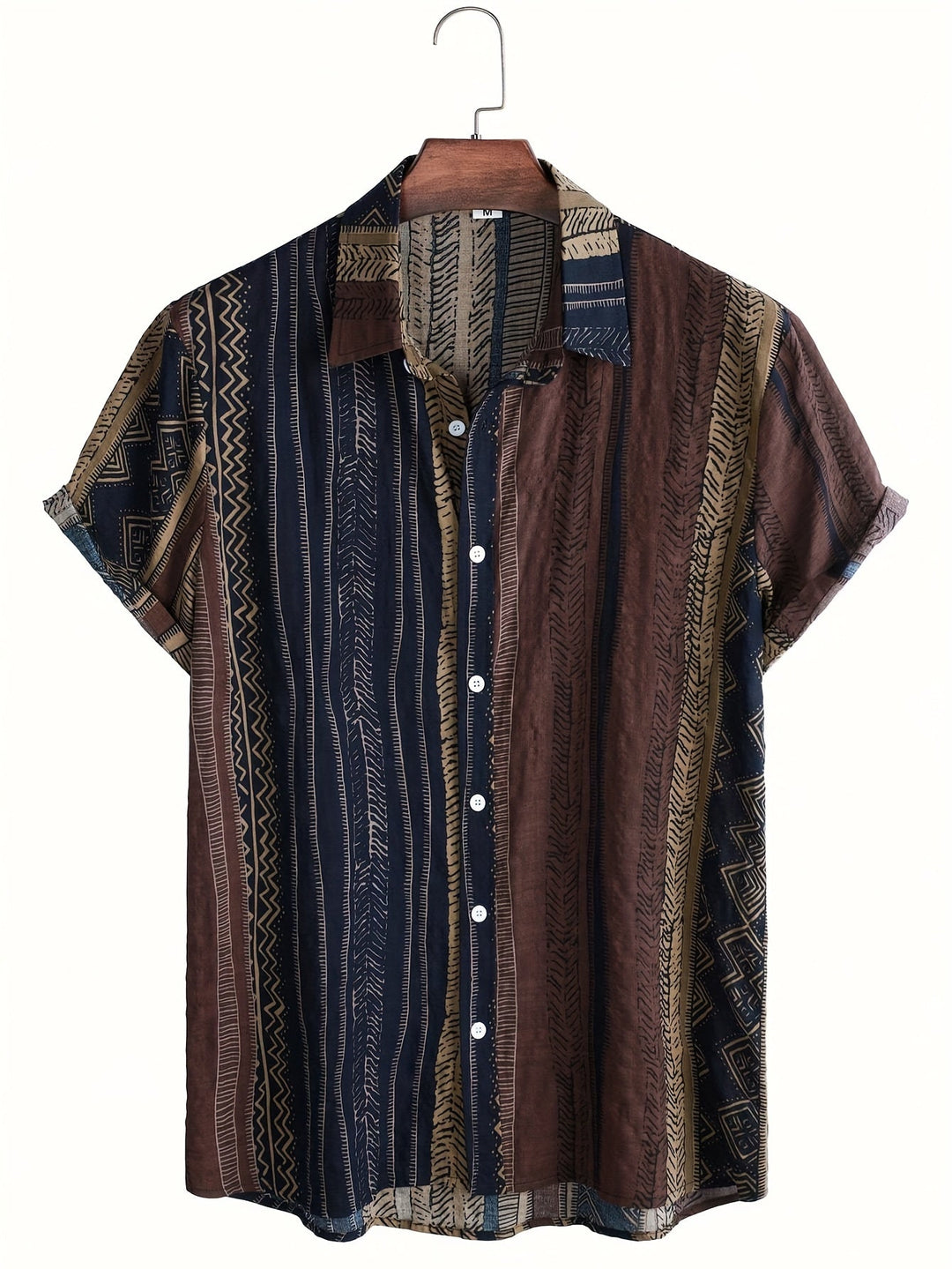 Men's patchwork short sleeve shirt with camp collar, front view