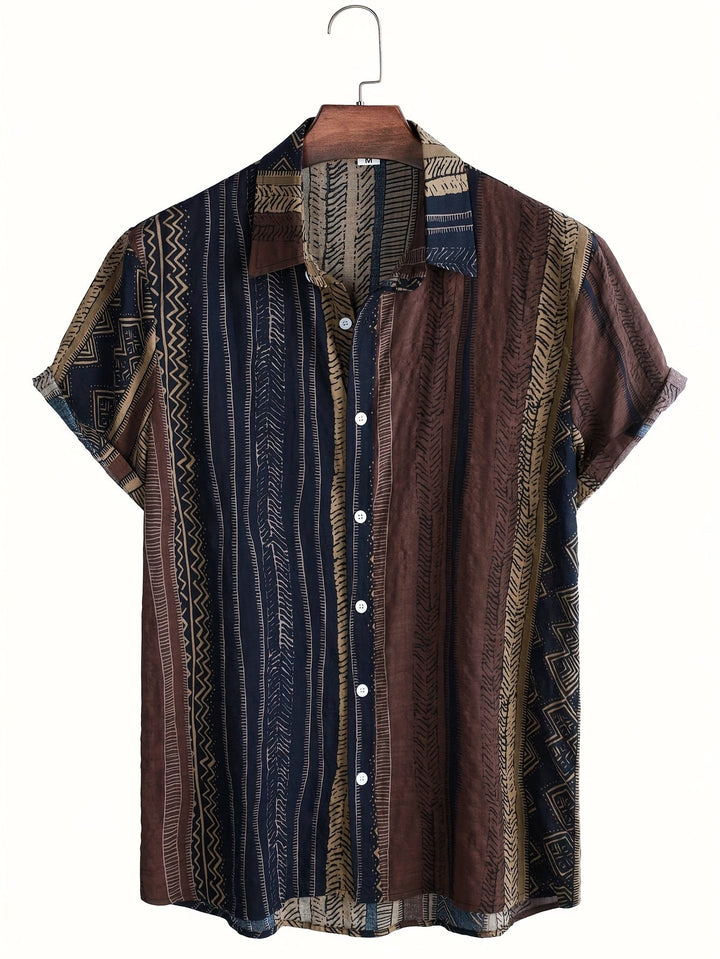 Men's patchwork short sleeve shirt with camp collar, front view