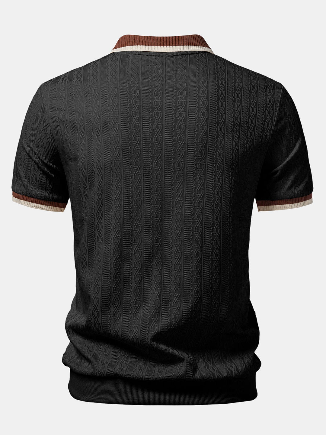 Men's knitted zip polo shirt shown on model, back pose