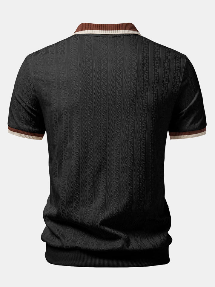 Men's knitted zip polo shirt shown on model, back pose