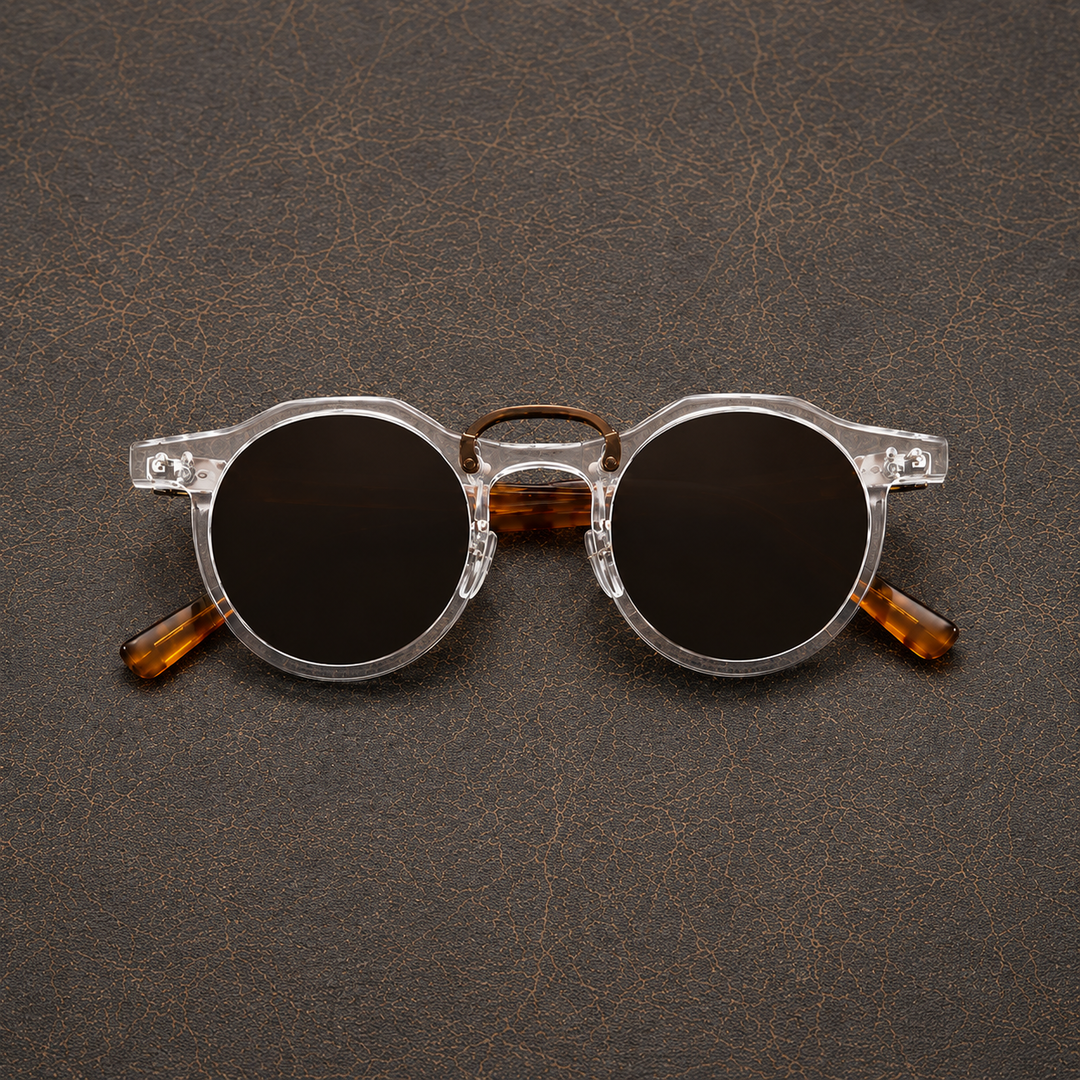 Close-up of men's round sunglasses showing round frames and tinted lenses