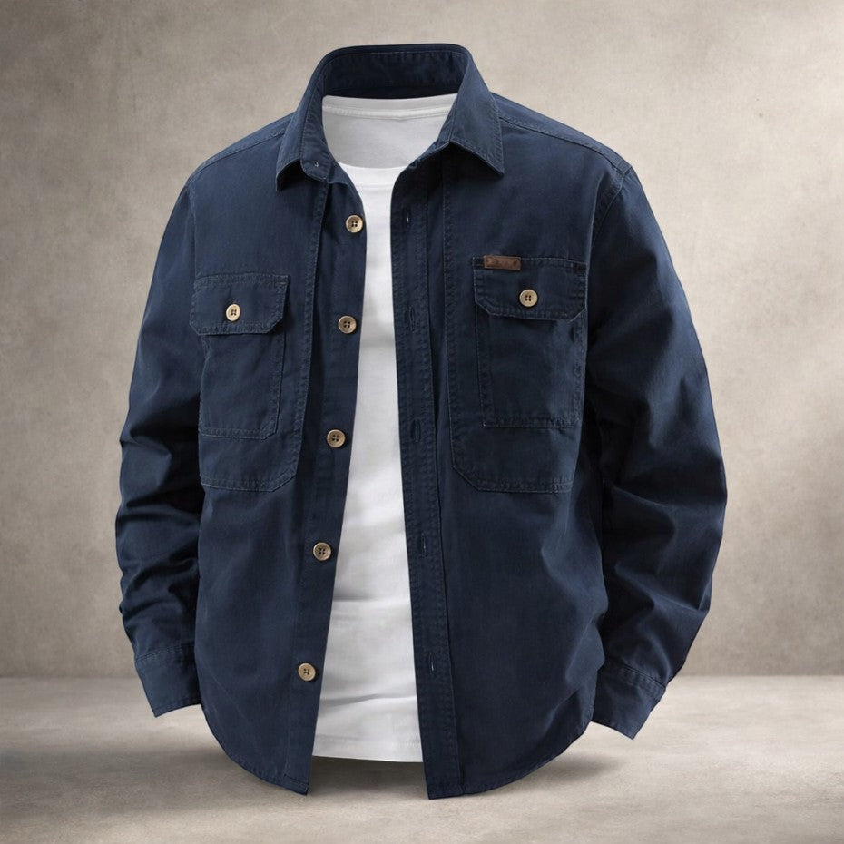 Men's long sleeve cotton overshirt showing utility-style chest pockets