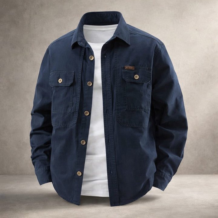 Men's long sleeve cotton overshirt showing utility-style chest pockets