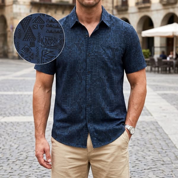 Men's multicolour patterned short sleeve shirt displayed from the back