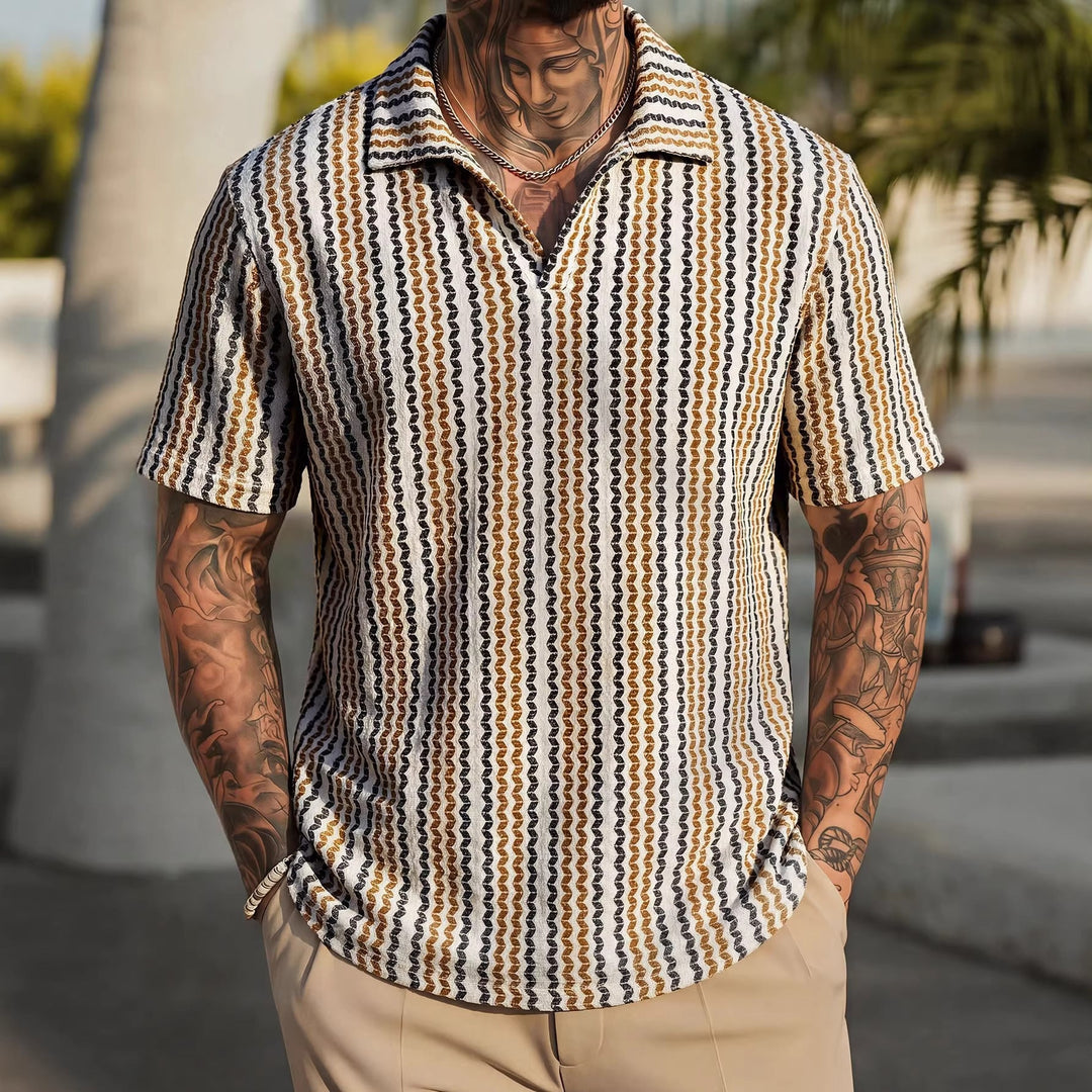 Detailed view of the short sleeves and knitted texture of the polo shirt