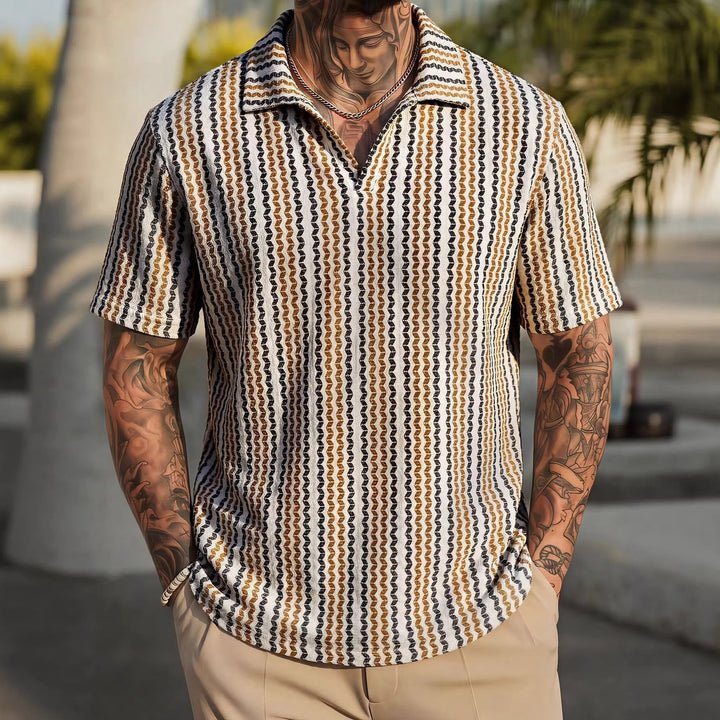 Detailed view of the short sleeves and knitted texture of the polo shirt