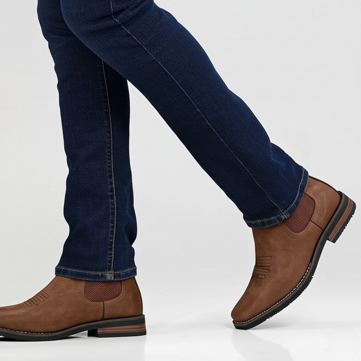 Top view of a pair of men’s classic leather boots