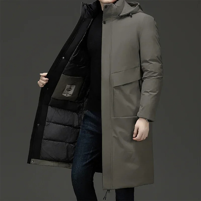 Men's long quilted winter coat with a practical hood