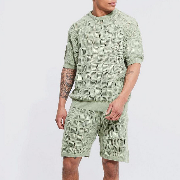 Men's relaxed streetwear two-piece T-shirt set shown as a matching casual outfit