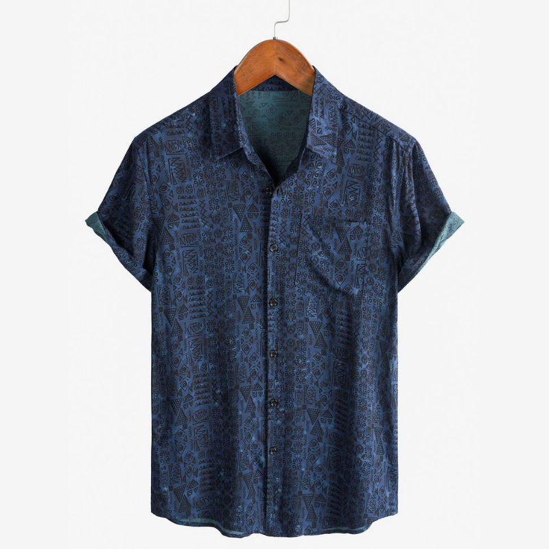 Back angled view of the men's short sleeve patterned shirt