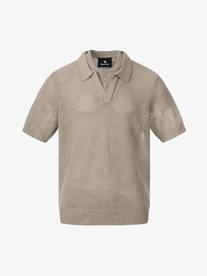 Layered Mesh Knit Hollow-Out Polo Shirt
