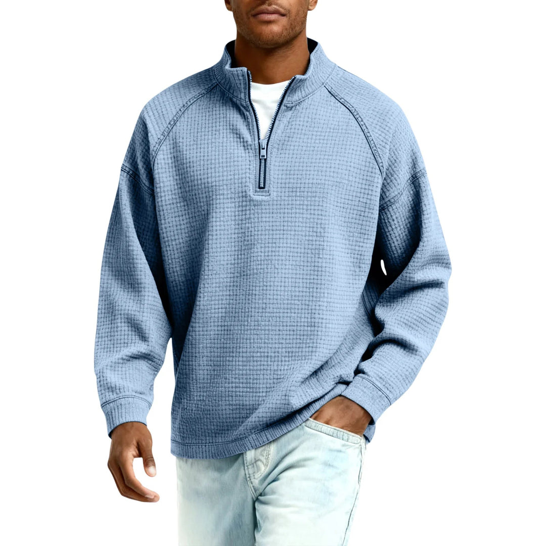 Men Waffle Knit Quarter Zip Pullover Loose Fit Casual Top