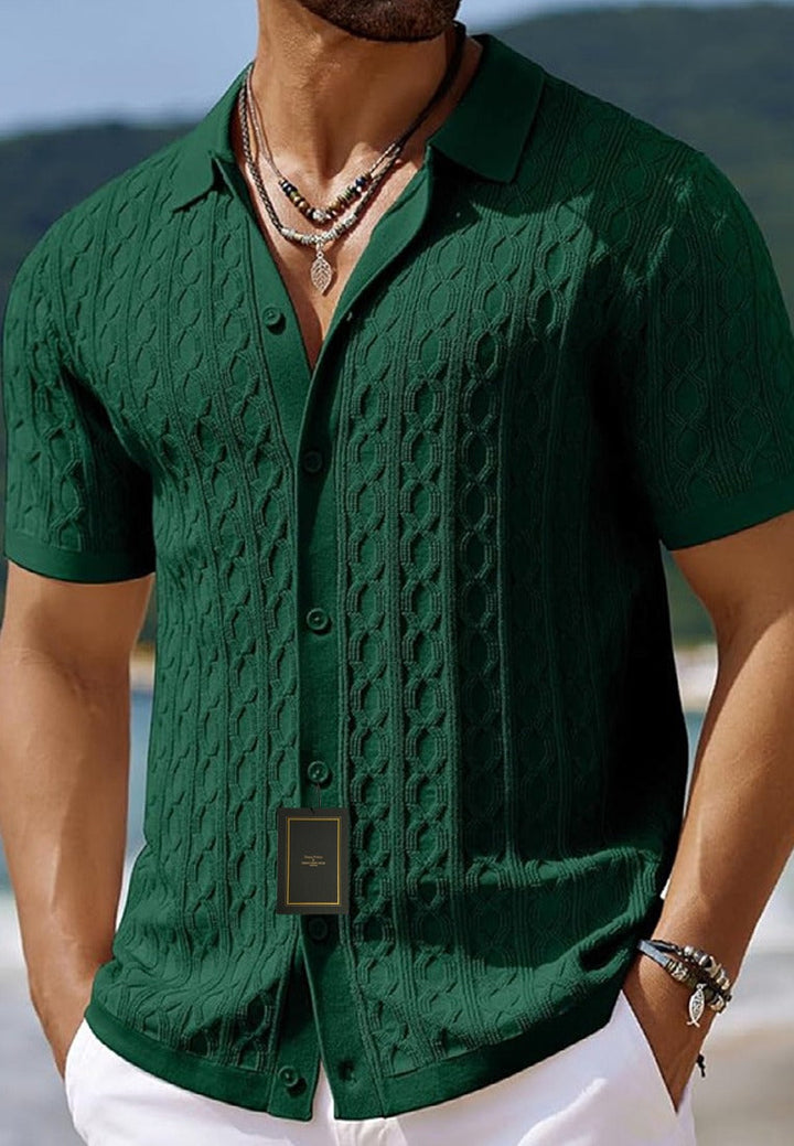 Structured Cable Knit Short-Sleeve Shirt