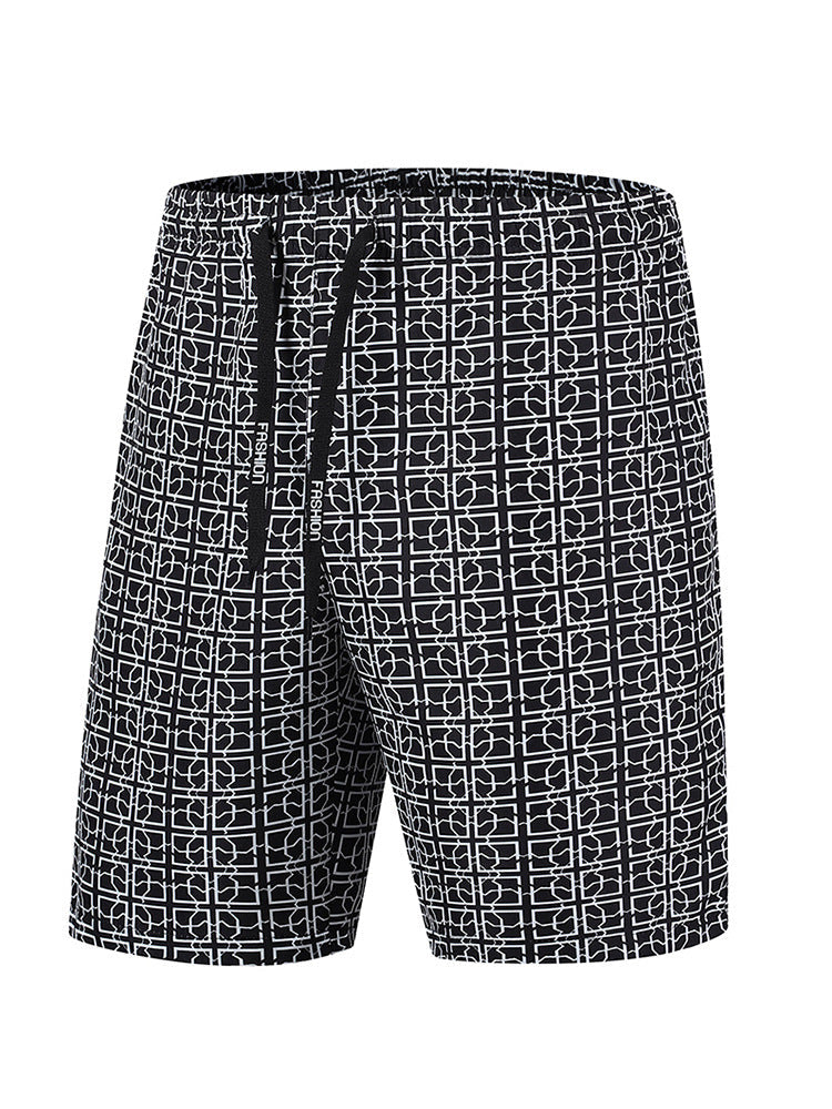 Close-up of geometric print fabric on men's cargo shorts