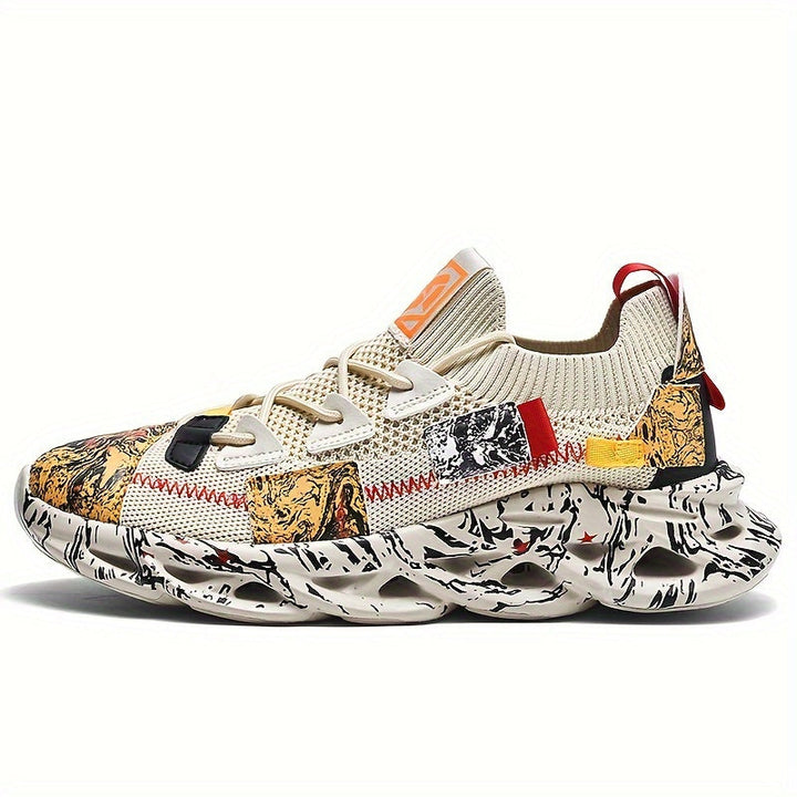 Men's lace up sock fit trainers with printed upper, side view