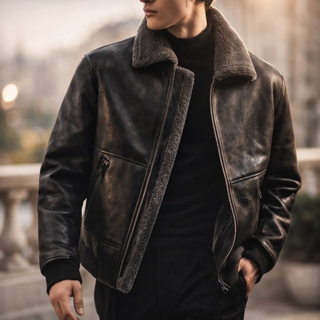 Men's insulated jacket showing the collar and zip fastening